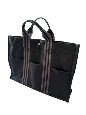 Hermes Black Canvas Tote with Striped Handles
